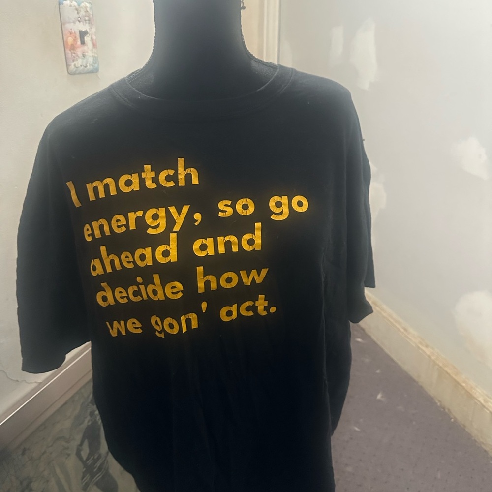 Black Short Sleeved T Shirt with Gold Wording
